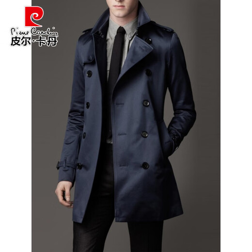 Pier Cardin Spring и осенний бизнес-Trench Coat Новый корейский стиль модный случай повседневной мужской британский молодой длина длина длина длина длина подростка темно-синий 180/92A XL