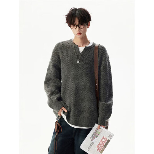 American retro twist design sweater for men and women, lazy Henry collar loose pullover sweater, apricot 3XL 160-180Jin Jin is equal to 0.5 kg