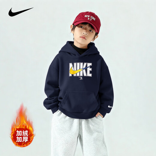 NIKE Nike Boys Hooded Sweatshirt with Velvet 2025 New Autumn and Winter Girls' Clothing Big Children's Thickened Top to Keep Warm in Winter Indigo 2233 Velvet and Thickened High Weight 160/L Recommended Height 152-158cm