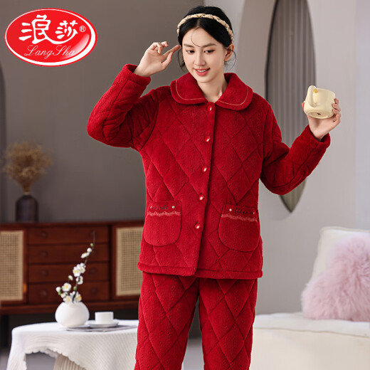 LangSha pajamas women's new winter coral velvet three-layer cotton thickened warm mother middle-aged and elderly home clothing set 1105# burgundy XL [Suggested 115-130Jin [Jin equals 0.5 kg]]