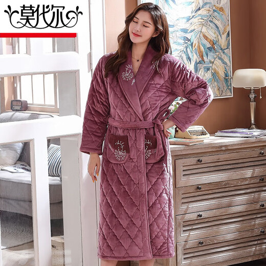 
Modal coral velvet nightgown for women in autumn and winter, thick three-layer cotton super thick pajamas for women with velvet bathrobe long CH9221 bean paste L