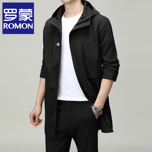 ROMON men's windbreaker jacket men's mid-length spring and autumn new trendy cloak coat casual hooded jacket men's black 170