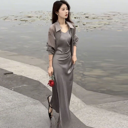 Question floating black suit for women summer fashion two-piece temperament fashionable skirt 2024 summer new temperament sunscreen J683 gray XL [suggested 115130Jin [Jin equals 0.5 kg]]
