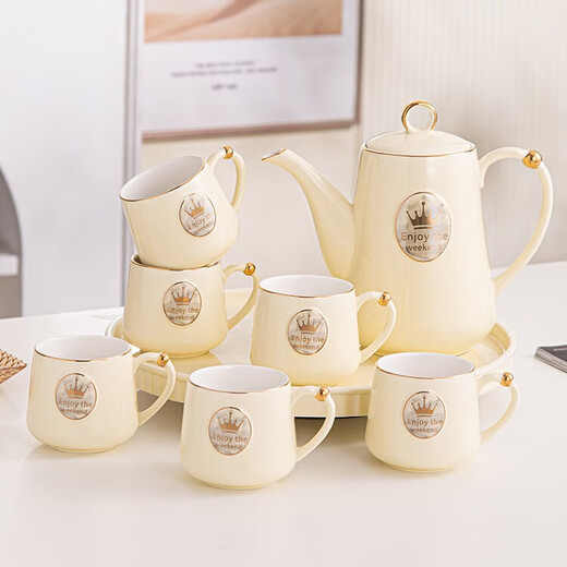 Ruishun tea set set, household water set, cup set, ceramic cup, kettle, tea cup, living room light luxury tea set, cream style crown water set set
