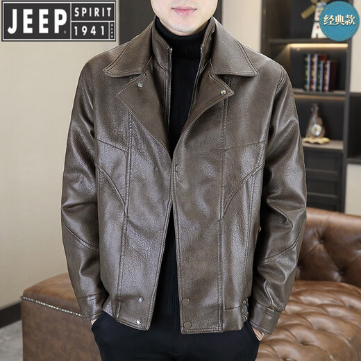 JEEP SPIRIT fake two-piece leather jacket men's fur one-piece plus velvet thickened jacket Pishuai 2025 new winter motorcycle leather jacket 98815 coffee color 4XL about 170-190Jin Jin equals 0.5 kg can be worn