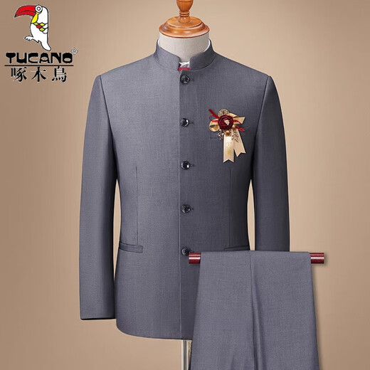 Woodpecker (TUCANO) Dad Chinese tunic suit, middle-aged and elderly suit, autumn and winter suit, casual business new Chinese stand-up collar suit for men, black two-piece suit (suit + trousers) M