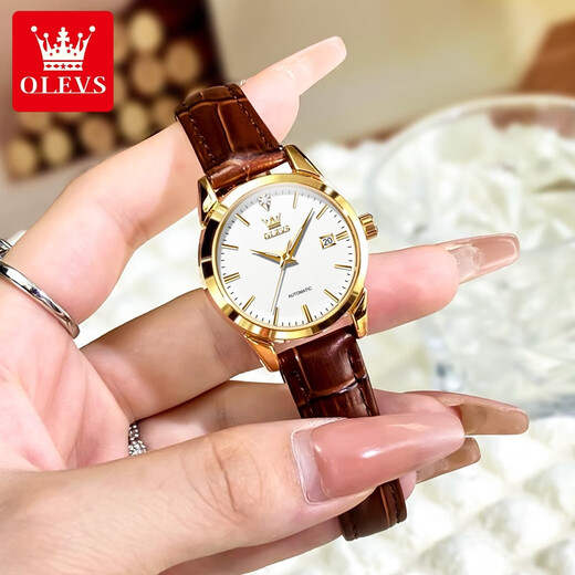 OLEVS Swiss Certified Brand Watch Women's Mechanical Watch Fully Automatic Simple Temperament Women's Watch Light Luxury Belt Style Women's Watch OLEVS-6629 Female-Brown Leather White Face
