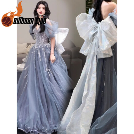 Chuang Jingyi chooses the Vocal Arts Examination Dress for Women Evening Dress for Women with High Sensibility and Temperament French Adult Ceremony Light Host Vocal Arts Examination Girls Blue XS