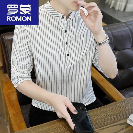 罗蒙（ROMON）2024棉麻七分袖t恤男夏季棉条纹短袖立领五分袖纯色百搭潮 8899深灰色 L 105-120斤