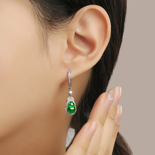 Purple glass Yang Mi's same style S925 silver inlaid with imperial green A-grade jade gourd ice earrings earrings Chinese Valentine's Day gift Imperial green jade gourd earrings