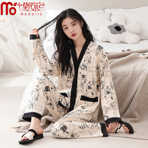 Modal 100% pure cotton pajamas for women for autumn kimono long sleeves trousers sweet and high-end feel loose girls' home clothes can be worn outside soft and comfortable: 72F3524 M Recommended weight 75-95 Jin [Jin equals 0.5 kg]
