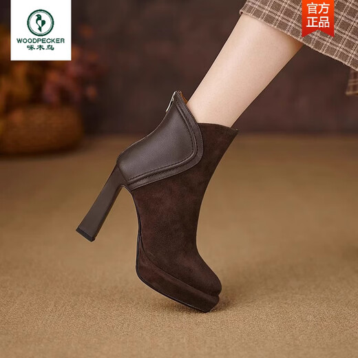Woodpecker retro waterproof platform thick heel short boots for women 2025 autumn and winter new style genuine leather round toe thick sole high heels suede fashion boots black upgraded version 38
