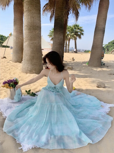Fhhuabd Hyacinth Purple Mint Green V-Ececk Hanging Code Tling Long Dopamine Dopamine Seaside Falda Fairy Falda 9755 Color de imagen