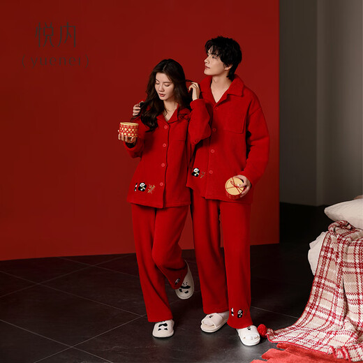 Yuenei red pajamas for wedding and newlyweds, autumn and winter coral velvet and thickened home clothes for men and women, zodiac year 34402 lucky red, men's 2XL (175) weight 140-160Jin Jin is equal to 0.5 kg