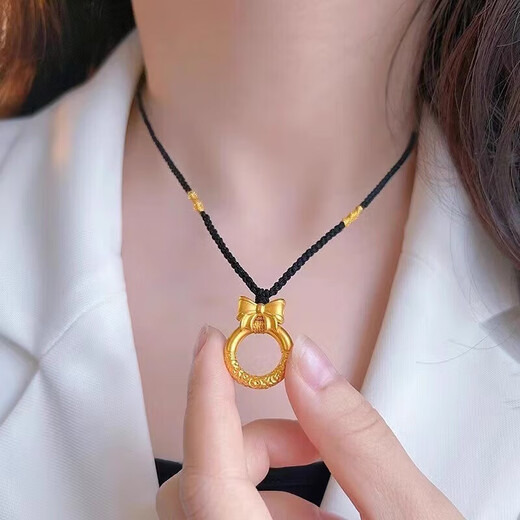 Fuwu au999 pure gold-plated silver necklace for women gold auspicious cloud bow peace buckle pendant braided necklace gift for girlfriend bow peace buckle + braided necklace