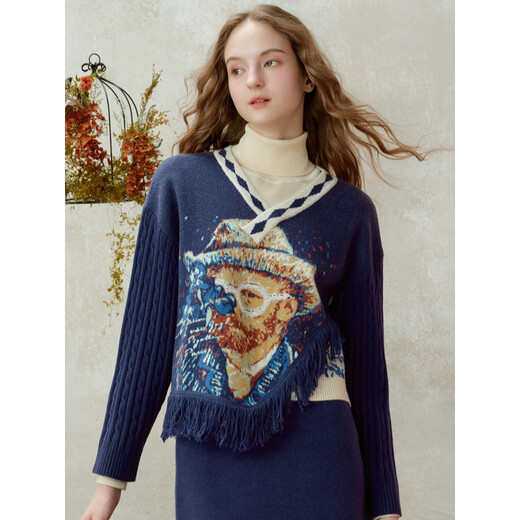 Two or three things about Van Gogh's literary and artistic light years and shadows 2025 winter new oil painting pattern tassel asymmetric hem sweater for women dark blue S