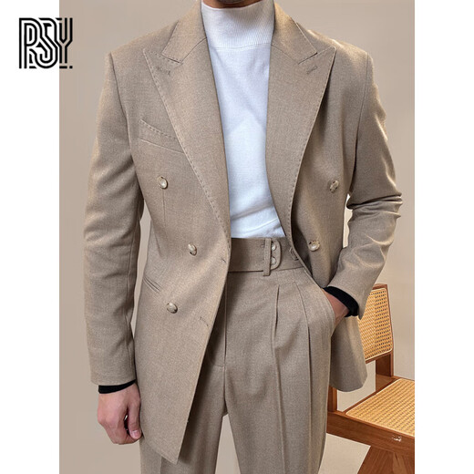 BG GLAMURB light luxury brand suit suit ready-to-wear brushed suit suit men's double-breasted lapel collar casual business suit khaki (suit + pants) L