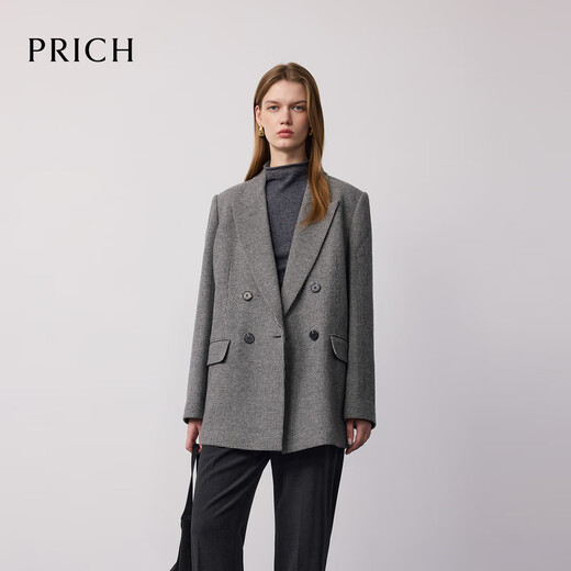 PRICH 100% sheep wool fashionable double-breasted plaid suit 2025 winter new mid-length coat new year 19 black XS 155