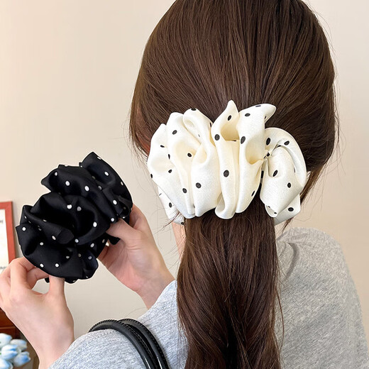 Satin pleated polka-dot banana clip hairpin for women, Korean style duckbill hairpin, temperament, floral horizontal clip on the back of the head, polka-dot banana clip for off-white hair