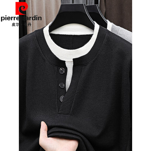Pierre Cardin (pierre cardin) American retro fake two-piece Henry collar contrasting color sweater old money style lazy loose stacked small round neck sweater for men gray 2XL 180 suitable for 150-165Jin Jin is equal to 0.5 kg
