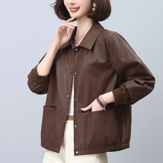 LEDIALYI short leather jacket for women 2025 spring and autumn new style middle-aged and small casual temperament age-reducing leather jacket top coffee color M (recommended 100-115 Jin Jin equals 0.5 kg)