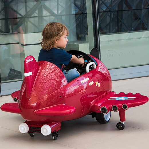 Hand in hand airplane children's car electric children's four-wheel toy car male and female baby with remote control infant and toddler can sit on the stroller top with red + dual drive + remote control + soft wheel + leather seat