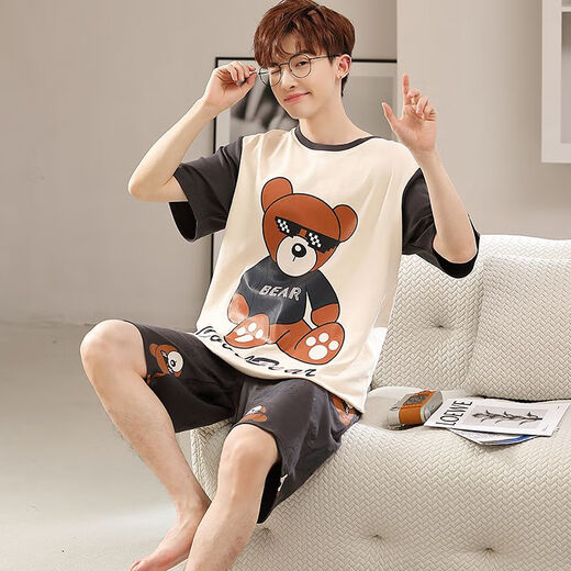LangSha college student pajamas summer men's short-sleeved pure cotton thin Korean style youth summer wear men's high school student dormitory suit Q short-sleeved men's 1396 white XL standard (118-138Jin Jin equals 0.5 kg)
