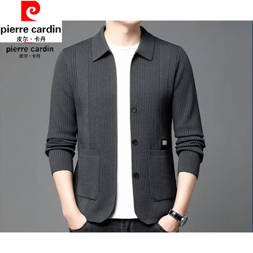 Pierre Cardin spring and autumn new men's wool knitted cardigan middle-aged lapel casual versatile long-sleeved slim jacket daddy gray A32353 2XL (recommended 145Jin Jin equals 0.5kg -160Jin Jin equals 0.5kg)