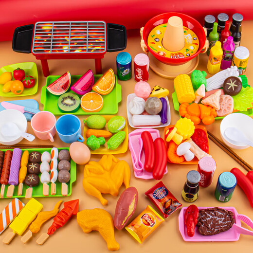 岁彩儿童过家家厨房玩具火锅旋转套装烧烤食材小火锅厨具宝宝仿真烤串 早餐玩具 39件套+2蒸笼