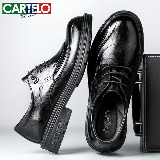 卡帝乐鳄鱼（CARTELO）英伦男士皮鞋厚底增高商务休闲鞋圆头软牛皮鞋男9923黑色增高40