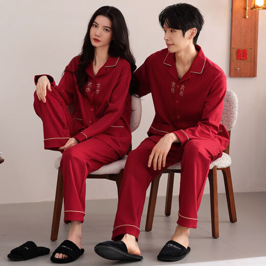 LangSha Couple Pajamas Men and Women Pure Cotton Long Sleeve Wedding New Year's Year Red Festive New 2025 Spring and Autumn Home Clothing Forever XL Women's Style