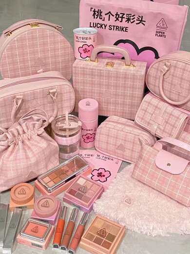 New product 3CE winter pink plaid storage box jewelry box blue cosmetic box portable hand mirror carry-on luggage blush City Mauve