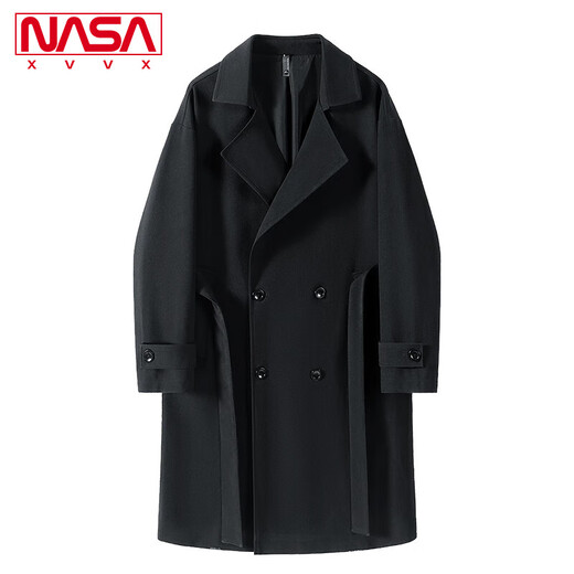 NASA XVVX official joint autumn and winter new mid-length windbreaker for boys loose casual double-breasted over-the-knee coat jacket for men black 2XL
