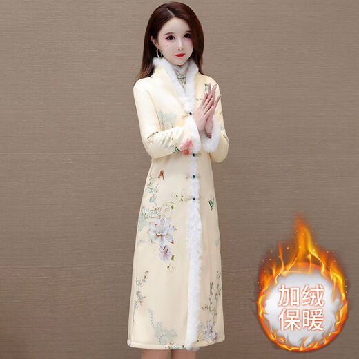 NUKM new Chinese style improved cheongsam plus velvet thickened long cotton coat for women winter new style Chinese style suit skirt 781 champagne two-piece set non-velvet cheongsam + jacket 2XL recommended 115-130Jin Jin equals 0.5 kg