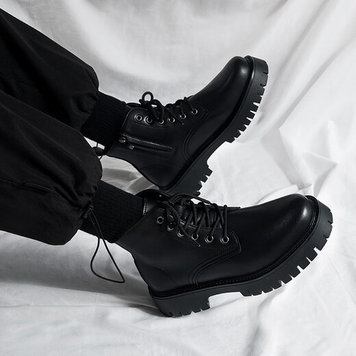 Sanofeng Martin Boots Men's High Top Sole hauteur de semelle épaisse augmentation 2025 Nouveau style britannique Versatile Bottes Men de travail Side Side Shoes Black [Side Zipper Style] 42
