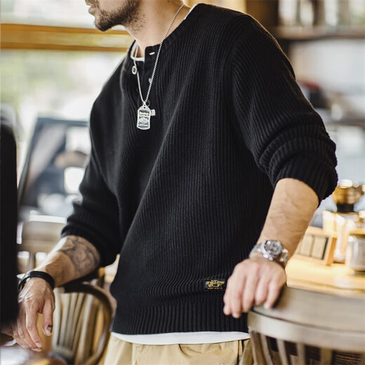 Marden American Retro Casual Knitted Henley Ami Khaki Vertical Striped Pullover Sweater Men's Autumn Thick Sweater Black Too Large, It is Recommended to Order One Size Smaller L