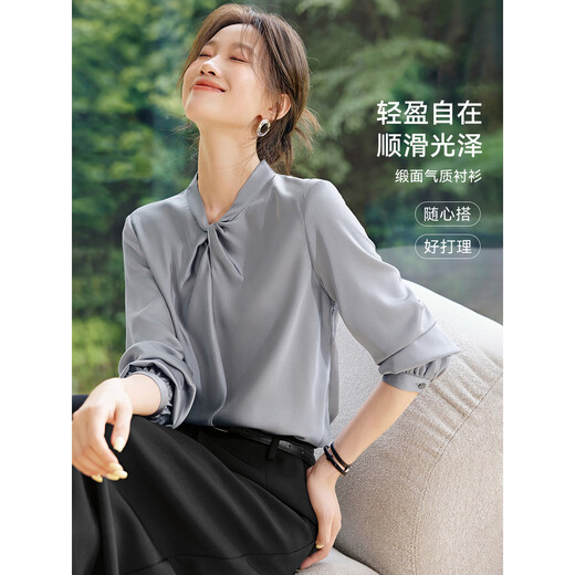 Mohan Yimei Comfortable Satin Shirt 2025 Autumn New Design Structural Twist Texture Versatile Shirt for Women Gray M
