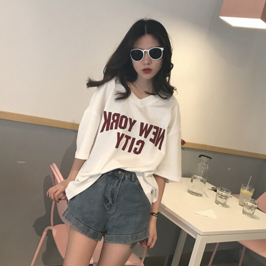 Langyue women's summer Korean style simple short-sleeved T-shirt women's V-neck letter printed top T-shirt bottoming shirt LWTD191447 white XL