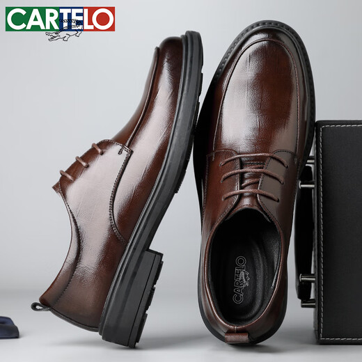 CARTELO plaid men's leather shoes wear-resistant soft cowhide casual leather shoes men's business round toe thick-soled men's shoes 9672 brown 41