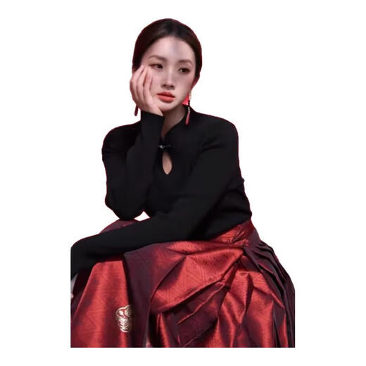 丹珠娜（DanZhuNa）红色马面裙全套2024过年龙年新中式连衣裙女装敬酒服订婚礼服套装 2679黑色上衣+红色马面裙 L