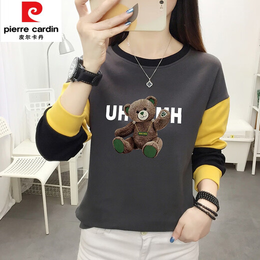 Pierre cardin round neck women's sweatshirt 2025 new spring and autumn pullover women's spring and autumn thin large size long-sleeved top for women Lake Green 6189 XL suitable for 115-125Jin [Jin equals 0.5 kg]