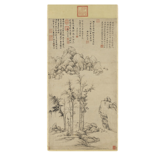 元倪瓒江干秋树图古代山水画卷轴文人复仿古画挂画 元倪瓒渔庄秋霁图12129 50X100厘米（喷绘画心尺寸） 花