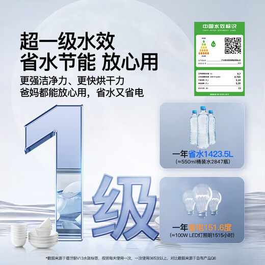 Deshi Kitchen's new product V13 set of first-class water-efficiency embedded dishwasher disinfection and drying household intelligent fully automatic space magician meets the needs of families of 1-13 people, first-class energy efficiency, water saving and electricity saving V13 Clear Black