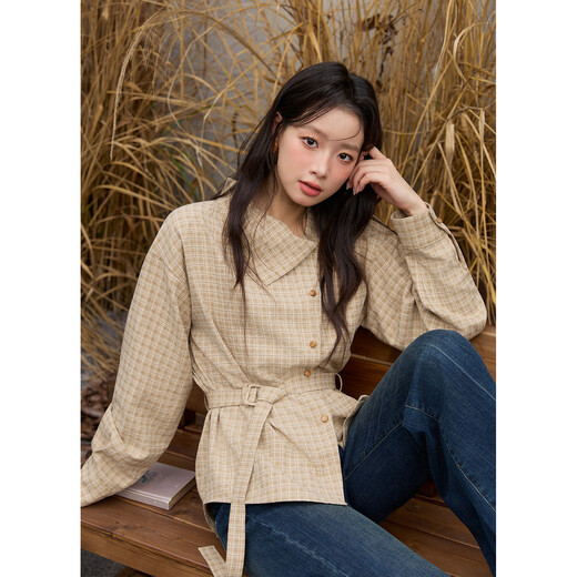 Mystery Show New Khaki Waist Shirt 2025 Winter Belt Design Asymmetric Retro Brushed Thickened Shirt Khaki Check S