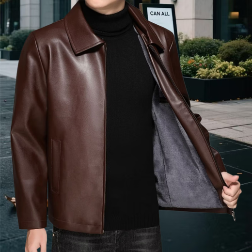 Middle-aged men's leather jacket plus velvet leather jacket men's casual loose large size leather jacket middle-aged and elderly dad wear black plus velvet M