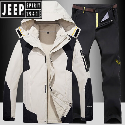 JEEP SPIRIT outdoor winter assault clothing and pants suit for men and women, three-in-one plus velvet and thickened two-piece set, windproof and waterproof fishing and mountaineering suit, 552 men's denim blue + 9986 men's black pants L