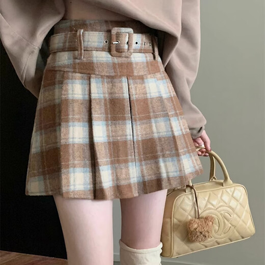 Miao Yijia Short Skirt Autumn and Winter Skirt Women's Pleated Skirt Skirt Plaid New Woolen Winter Skirt A Line Skirt New 2025 Retro Plaid Woolen Khaki Skirt M Recommendation 95-110Jin Jin is equal to 0.5 kg
