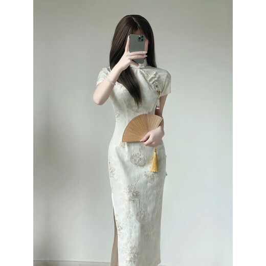 Qeeshine cheongsam Republic of China Style Miss 2025 new improved version dress temperament high-end young girl new Chinese style 846 apricot color [high-quality jacquard embroidery] M