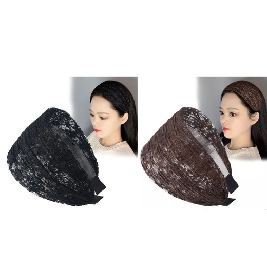 Hot selling 2025 Korean style wide-brimmed headband with high crown and temperament, age-reducing lace with teeth to cover white hair, coffee color + black, one shot and two