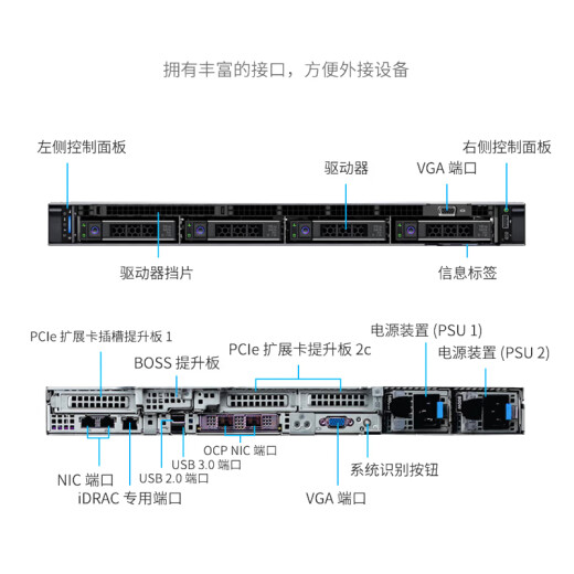 戴尔（DELL）PowerEdge R450 1U机架式服务器主机 双路高性能存储数据库虚拟化服务器 1颗金牌5317 12核3.0G丨单电 64G内存丨3*2.4T SAS丨H755